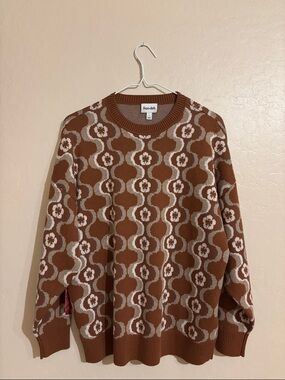 Brown Floral Geometric Crewneck Sweater